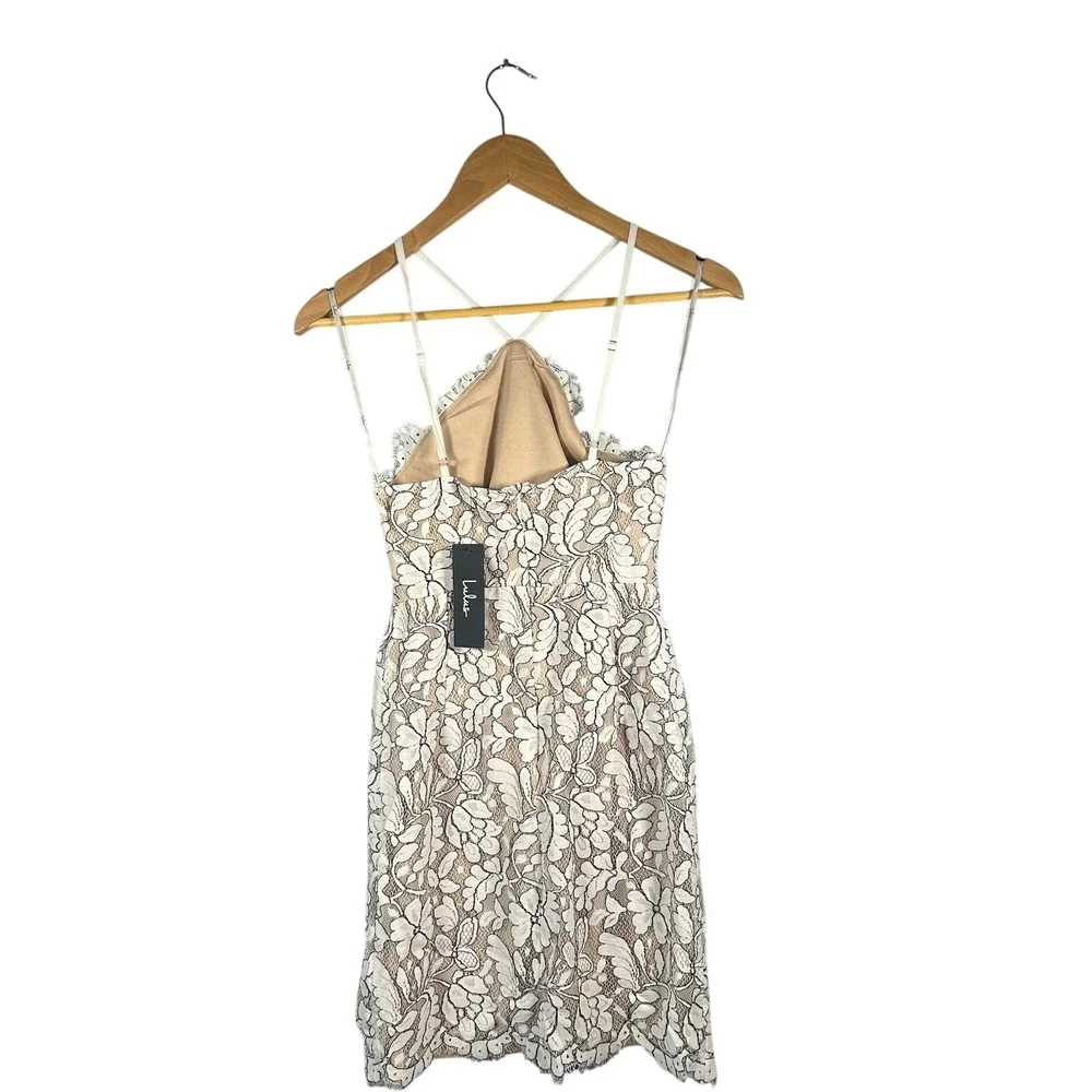 Lulus‎ Lace Bodycon Mini Dress White Beige Spaghetti Strap Halter XS